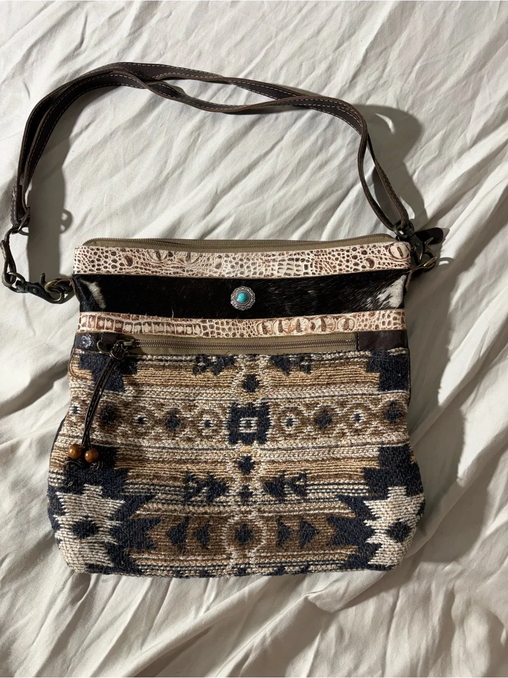 Myra Bag Brown and Black Boho Crossbody with Turquoise Accent